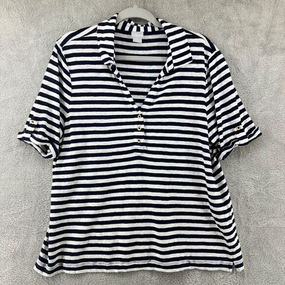 Chicos Top Womens 3 (XL) Blue Striped Linen Popover V-Neck Button Short Sleeve - Picture 1 of 12